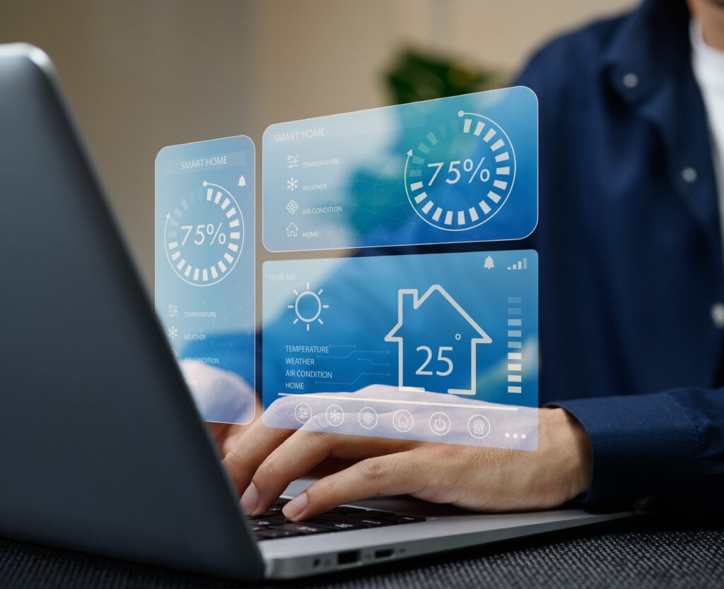 Interface de gestion smart building affichant le suivi des consommations, de la température et des équipements énergétiques en temps réel sur un ordinateur portable - OCEA Smart Building