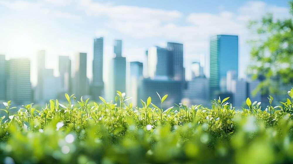 Jeunes pousses végétales au premier plan avec une skyline urbaine en arrière-plan, illustrant la réduction de l’empreinte carbone et la sobriété des bâtiments en énergie et en eau - Groupe OCEA